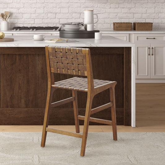 Oslo - Faux Leather Woven Counter Stool 24"H - Brown