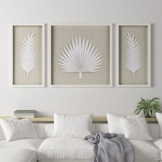 Sabal Palm Rice Paper Framed Shadow Box (Set of 3) - Off White